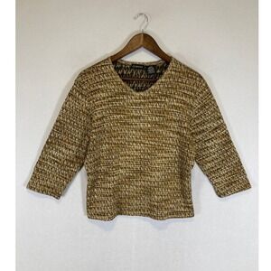 Earth Tone George Womens LG‎ 12/14 Gold Textured V-Neck 3/4 Sleeve Top GL-10228